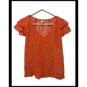 Old Navy Womens Orange Paisley Ruffle Sleeve V-Neck Blouse Top XS